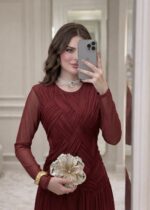 ⁦فستان استرج مع اكمام تور متوفر لونين بني/مارون⁩ - الصورة ⁦4⁩