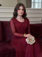 ⁦فستان استرج مع اكمام تور متوفر لونين بني/مارون⁩ - الصورة ⁦5⁩