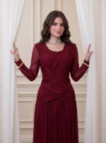 ⁦فستان استرج مع اكمام تور متوفر لونين بني/مارون⁩ - الصورة ⁦6⁩