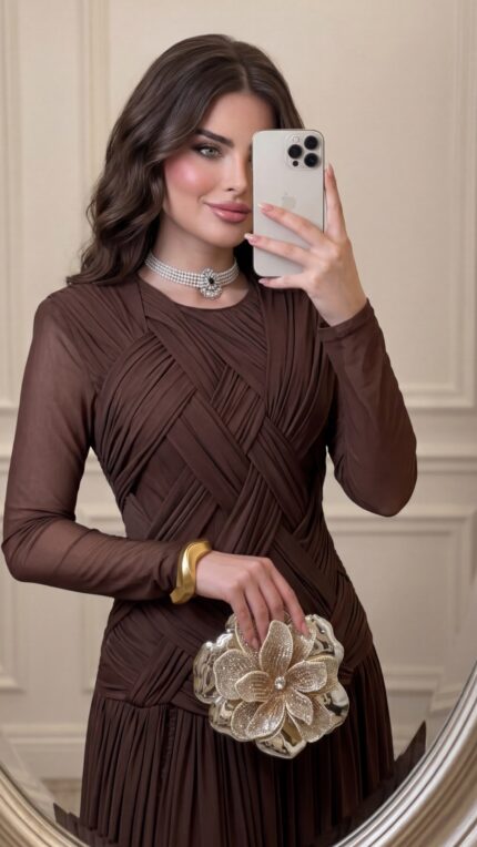 فستان استرج مع اكمام تور متوفر لونين بني/مارون